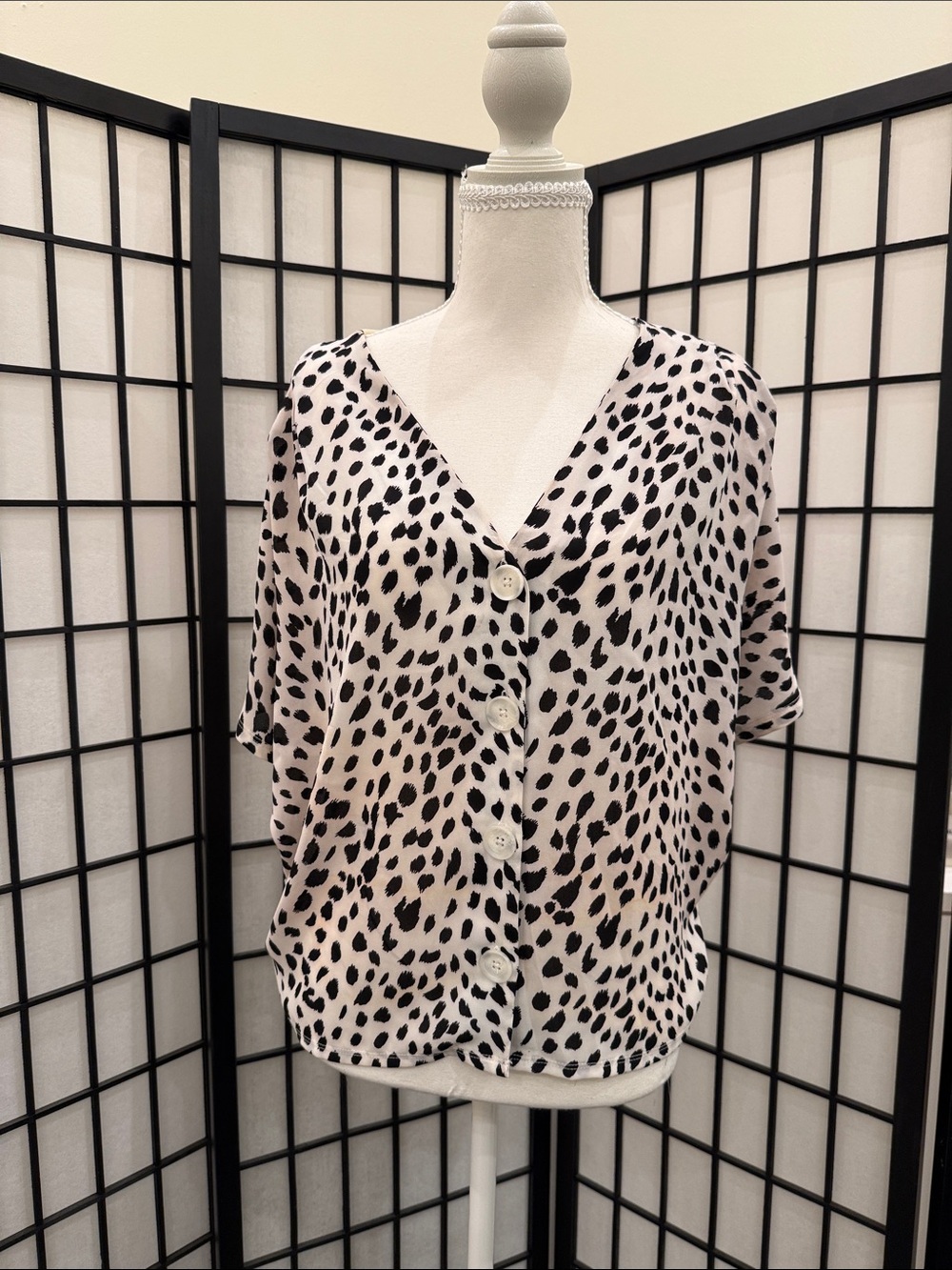 Express Cream and Black Animal Print Button-Down Top